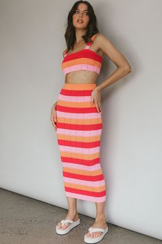 Striped pink maxi skirt Elasticated waist Slip-on style The weather's getting warmer and the days are getting longer. Our Chase The Sunrise top is just what you need to complete your Summer wardrobe. Featuring a soft knit and elasticated waist, it's perfect for weekend coffee dates with your girls. Team it with its matching crop top for a look we are loving. MODEL INFO Model is wearing size XS Height: 5'5" Bust: 32" Waist: 25" Hips: 33.6" SIZE INFO Flat garment measurements This was manually mea Pink Maxi Skirt, Weekend Coffee, Purple Bridesmaids, Yellow Bridesmaids, Coffee Dates, Red Bridesmaids, Knit Maxi Skirt, Veil Hairstyles, Pink Maxi