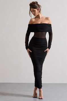 Revel in ruching this party season in Apollo, our curve-enhancing maxi. Framing your figure in our signature stretch jersey, this black dress boasts a bardot neckline, long sheer sleeves and mesh waist panel. Pair yours with some stilettos like Oh Please for an elegant touch of sparkle.  Features  - Premium stretch jersey  - Bodycon fit - Fully ruched - Bardot neckline  - Long sheer sleeves - Mesh waist panel - Invisible zip closure  - Split hemline  - Maxi length   Sizing & Fit  Model is 5'7 and wears UK size 8 / US size 4  Product Information     Double layered with good stretch  Premium jersey in Black (95% Polyester, 5% Elastane)  140cm total length  SKU:CL131079002 Velvet Prom Dress, Bardot Neckline, Black Dress Prom, Black Tie Gala, Christmas Party Dress, Black Velvet Dress, Invisible Zip, Long Sleeve Maxi, Red Mini Dress