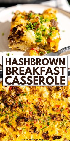 hashbrown breakfast casserole on a plate with the title overlay reading hashbrown breakfast casserole