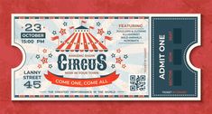 an old circus ticket with the word circus on it and a carnival tent in the background