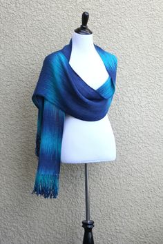 Hand woven scarf in dark blue and turquoise colors. Perfect #gift for her! This woven scarf is very soft and drapes nicely!  Measures: L: 78" with 6" fringe on both ends W: ... #kgthreads #accessories #cozy #fall #fashion #gradient #unisex #women #wrap Blue Bohemian Handwoven Shawl, Blue Bohemian Shawl Wrap, Elegant Handmade Blue Scarves, Blue Bohemian Shawl With Fringe, Blue Shawl Wrap, Blue Handmade Bohemian Scarves, Blue Bohemian Handmade Scarves, Teal Scarf, Ombre Scarf