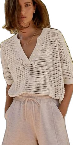 Trendy V-neck Sweater For Vacation, Trendy Cotton V-neck Knit Top, Trendy V-neck Crochet Top For Summer, Knit V-neck Crochet Top For Vacation, Trendy Fine Knit V-neck Top, Knit V-neck Top For Day Out, Casual V-neck Knit Top For Vacation, Chic V-neck Knit Top For Vacation, V-neck Crochet Knit Top For Fall