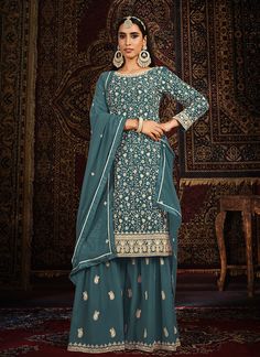 Turquoise Sequence Embroidery Traditional Gharara Suit Designer Sharara Suits, Gharara Suits, Purple Bottom, Kameez Designs, Sharara Suit, Designer Salwar Suits, Salwar Kameez Designs, Versatile Outfits, Georgette Fabric