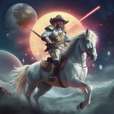 a man riding on the back of a white horse in front of a full moon