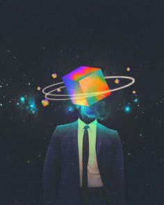 a man in a suit and tie with an image of a cube on his head