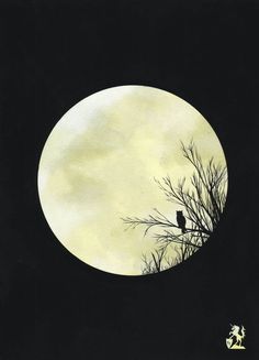 a bird sitting on top of a tree branch in front of a full moon