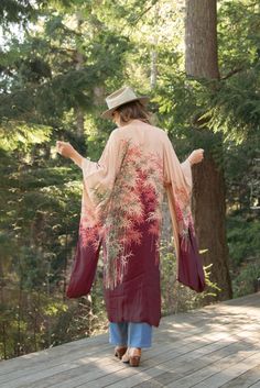 "GORGEOUS vintage silk kimono robe! Pale pink, mauve, purple + green bamboo print. Floral interior.  This Japanese kimono is fully lined.  Hidden snap button closure. So stunning!  Condition: In good / OK vintage condition, there are some light stains and a couple missing stitches at the collar - easy to sew up.  Measurements:  Can fit an array of sizes  Bust: 51\" Waist: 53\" Overall Length: 52\"  All measurements are taken flat and then doubled when appropriate. Please let us know if you have Festival Pink Kimono With Kimono Sleeves, Pink Kimono For Spring Festival, Pink Spring Festival Kimono, Pink Floral Print Kimono For Festival, Pink Silk Long Sleeve Kimono, Long Pink Beach Outerwear, Vintage Kimono With Kimono Sleeves, Pink Floral Print Open Front Kimono, Pink Silk Kimono For Spring