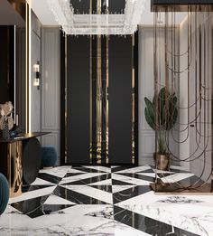 a black and white marble floor with chandelier