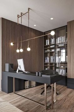 an office with a desk, bookshelf and cabinets