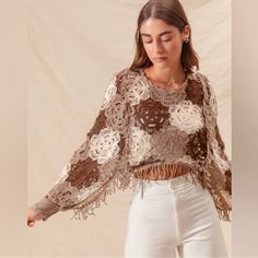 Nwt Boutique Brand Brown & Beige Crochet Lace Fringe Boho Bohemian Sleeve Tunic Top Sweater Size - M/L Colors - Brown & Beige Bohemian Brown Crochet Top For Fall, Brown Crochet Lace Top For Spring, Bohemian Brown Crochet Top For Festival, Bohemian Crochet Top With Crochet Trim For Fall, Festival Brown Crochet Lace Top, Bohemian Crochet Long Sleeve Top One Size, Bohemian Beige Top One Size, Bohemian Beige One Size Tops, Brown Bohemian Open Knit Crochet Top