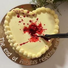 a heart shaped cake with blood on it