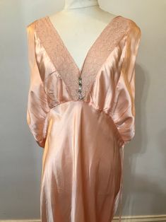 Vintage V-neck Evening Slip Dress, Vintage V-neck Wedding Sleepwear, Feminine V-neck Evening Nightgown, Pink Lace Trim Evening Slip Dress, Pink Lace Trim Slip Dress For Evening, Pink Satin V-neck Nightgown, Vintage V-neck Wedding Nightgown, Vintage Satin Wedding Sleepwear, Vintage Satin Nightgown For Sleep