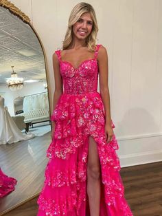 Hot Pink Lace Floral Long Prom Dresses with High Split #prom #promdresses #lacedresses #pinkdress #formaldresses #eveningdress Tiered Prom Dress, Hot Pink Floral, Corset Dress Prom, Lace Layers, Lace Prom Dress, Tonga, Prom Dresses Lace, Formal Dresses Prom, Long Prom Dress