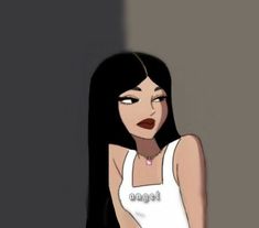 an animated woman with long black hair wearing a white tank top and red lipstick, standing in front of a wall