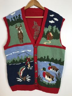 Vintage Knit Grandpa Sweater Vest Ducks Fishing Nature Wool Men's XL In good condiiton. Has a small mark/stain but it doesn't stick out to bad in person, i'm pointing at it in the pictures. Has a small hole above duck but seems like you could stitch it to close if if needed. Vey unique item! Does not have a size tag. It looks like an XL but please double check measurements. Feels like it is wool or a wool blend.   Pit to pit: 23" Shoulder to bottom: 28" Ships with tracking in the U.S. (a49) Crochet Grandpa Sweater, Grandpa Core Outfits, Winter Vest Outfits, Funky Sweaters, Grandpa Fashion, Vintage Vests, Grandpa Chic, Christmas Knits, Knit Vest Pattern Free