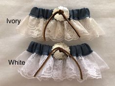 "Everyone needs something fun and unique for their special day. \"Denim and Concho\"  The Keepsake Garter (Bridal Garter) is blue denim burlap, antique white or ivory lace, embellished with silver-tone concho with a leather tie.  The Toss Garter is blue denim burlap, embellished with a smaller silver tone conch with a leather tie.   Garter size fits up to 22\". Customer orders can be made for size and embellishments for an extra charge depending on customization.  Order includes One keepsake gar Cowboy Garter Belt, Tooled Leather Garter Wedding, Rustic Garter Wedding, Western Garter, Navy Blue Garter Wedding, Bridal Garter Lace, Bridal Garters Set, Wedding Garter Set, Garter Set