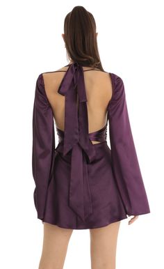 Wedding Backyard Reception, Lucy In The Sky, Satin Long Sleeve, Tie Length, Plunge Dress, Winter Formal, Purple Design, Loungewear Jumpsuit, Halter Strap