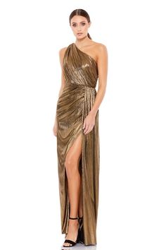 Gold gown featuring ruched detailing with a thigh high slit and one shoulder. - Aza Fashions Grecian Dress, Drape Gowns, Sheath Gown, Mac Duggal Dresses, Full Length Gowns, One Shoulder Gown, Column Gown, Mac Duggal, Metallic Dress