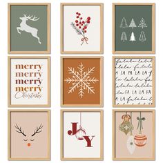 six framed christmas cards with different designs on the front and back, all in various colors