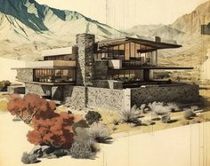 an architectural drawing of a house in the desert with mountains in the backgroud