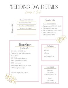 the wedding day details list is shown in pink and gold