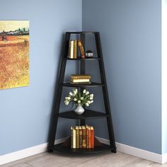 a corner shelf with books on it in the corner of a room next to a painting