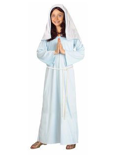 The Bible is full of important figures, and among women, there's nobody more sacred than Mary, the mother of Jesus. Your daughter can depict the Blessed Mother with elegance and grace wearing this Mary Child Costume. Drawing influence from classic works of art depicting Mary, this outfit is perfect for a religious nativity or passion play. It includes a long baby blue robe, a white rope belt, and a headpiece. The robe is designed to float away from the body with wide billowing sleeves. The white Virgin Mary Costume, Mary Costume, Nativity Costumes, Biblical Times, The Blessed Mother, White Veils, Shades Of Light Blue, White Rope, Rope Belt