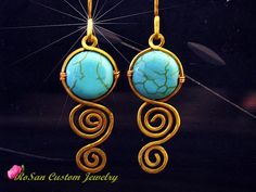 Turquoise and Brass Swirl EarringsHandmade Wire Handmade Turquoise Spiral Jewelry, Handmade Spiral Turquoise Jewelry, Unique Spiral Turquoise Jewelry, Beaded Boho Jewelry, Wire Earrings Handmade, Swirl Earrings, Handmade Wire, Wire Earrings, Turquoise Earrings