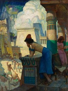 a painting of a woman standing in front of an egyptian temple with other people around her