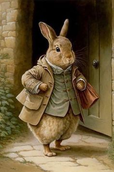 a painting of a rabbit wearing a coat and holding a shopping bag in his hand