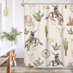 a shower curtain with an image of a cowboy riding a bucking bronco horse