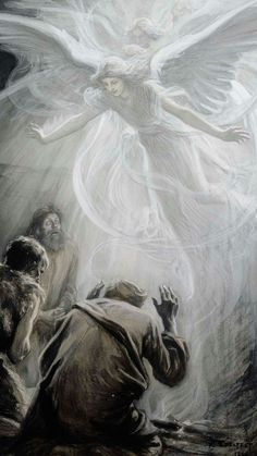 an angel is hovering over two people in the dark, with one person kneeling down