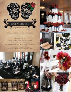 a collage of photos with skulls and flowers on them, including wedding cakes, candles, and decorations