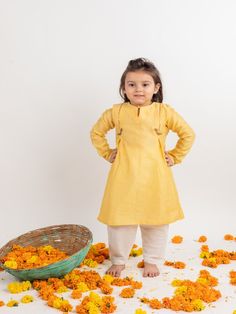 Girls Yellow Chanderi Embroidered Kurta Set (Set of 2) By Mr Brat now available at Trendroots Long Sleeve Cotton Churidar For Diwali, Cotton Long Sleeve Churidar For Navratri, Cotton Churidar For Navratri With Long Sleeves, Navratri Long Sleeve Cotton Churidar, Yellow Cotton Sets With Dori Work, Eid Kurta With Gota Work For Puja, Eid Gota Work Kurta For Puja, Festive Long Sleeve Cotton Churidar, Long Sleeve Cotton Churidar For Festive Occasions