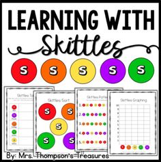 the learning with skittles game is shown in three different colors and shapes, including circles