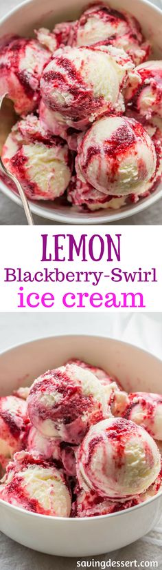 lemon blackberry - swirl ice cream in a white bowl with pink and white icing