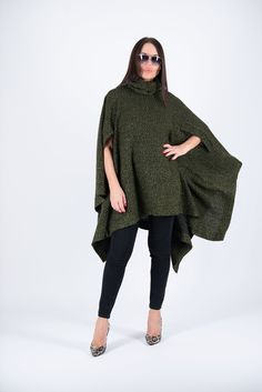 Poncho for autumn winter with turtleneck. Boucle poncho in Green melange colors. Suitable for plus size. The model wears size M - 5,6' / 170 cm ►Materials & Care Made of: Wool Buckle/polyester Dry Cleaning Only ►All of our packages are sent out with tracked delivery. Keep in mind that custom orders can't be returned. Please check our shop policies for more information. We are sending all the items at your Etsy account address so if you want your item/s to be delivered somewhere else, please cont Ladies Poncho, Knitted Poncho, Cardigan Vest, Getting Cozy, Ponchos, Nun Dress, Bulgaria, Autumn Winter, Perfect Fit