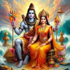 the hindu god and his wife sitting in front of an ocean wave with clouds behind them