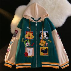 Cartoon Stitching Hoodie Jacket sold by KOSMUIFASHION on Storenvy Long Sleeve Hooded Fall Jacket For College, Fall Hooded Jacket With Long Sleeves For College, Fall Long Sleeve Hooded Jacket For College, Retro Cotton Hoodie For Spring, Cotton Hoodie With Patchwork, Trendy Cotton Patchwork Hoodie, Trendy Patchwork Cotton Hoodie, Spring Patchwork Long Sleeve Hoodie, Trendy Patchwork Hoodie For Spring