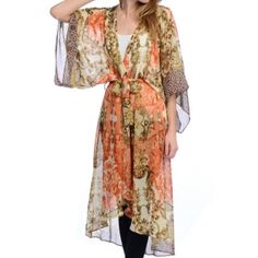 Long Woven Sheer Cardigan In Gold And Rust With Back Lace Trim. Roomy Misses Size With Tie Belt. Long Orange Outerwear For Spring, Long Orange Spring Outerwear, Orange Spring Outerwear For Layering, Spring Orange Outerwear For Layering, Orange Open Front Cardigan For Spring, Orange Long Sleeve Summer Cardigan, Brown Open Front Summer Outerwear, Orange Outerwear For Spring Day Out, Bohemian Orange Outerwear For Summer