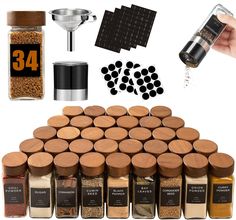 spices and seasonings are arranged on top of each other, including pepper grinder