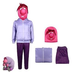 the sesame character is dressed in purple and has pink hair, pants, and hoodie