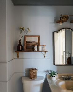 a white toilet sitting next to a sink in a bathroom under a mirror and a wooden shelf