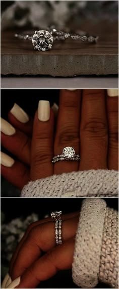 three different views of an engagement ring and wedding band