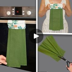 the woman is using scissors to cut fabric on her green apron and tie it down