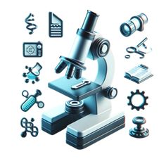 an image of a microscope and other medical items