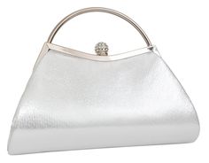 a white purse with a metal handle