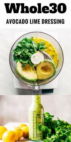 avocado lime dressing in a blender with lemons and cilantro