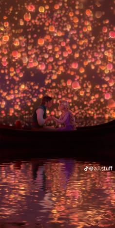 two people in a boat with floating lanterns on the water and one person looking at something