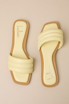 Keep it simple but make it luxe with the Lulus Ameeria Lemon Flat Slide Sandals! These must-have sandals have a smooth faux leather construction that shapes a square footbed and a wide vamp strap with a puffy, quilted-like effect. The simple slide-on design makes for an effortless final finish to your OOTDs! 0. 5" rubber heel. Cushioned insole. Rubber sole has nonskid markings. Man made materials. Imported. Lulus | Ameeria Lemon Flat Slide Sandal Heels | Size 6.5. Yellow Sandals, Simple Sandals, Chic Sandals, Sandals Flat, Sandal Heels, Size 11 Heels, Chill Outfits, Leather Slide Sandals, Aesthetic Shoes